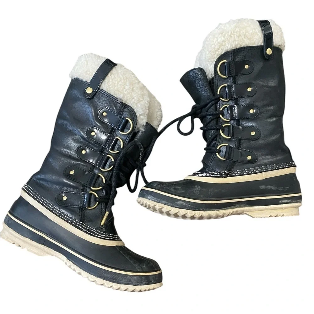 SOREL Joan of Arctic Black Leather Winter Boots Size 6